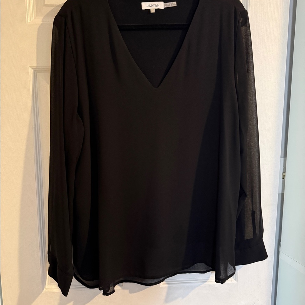 Calvin Klein Black V-Neck Long-Sleeve Blouse - XL
